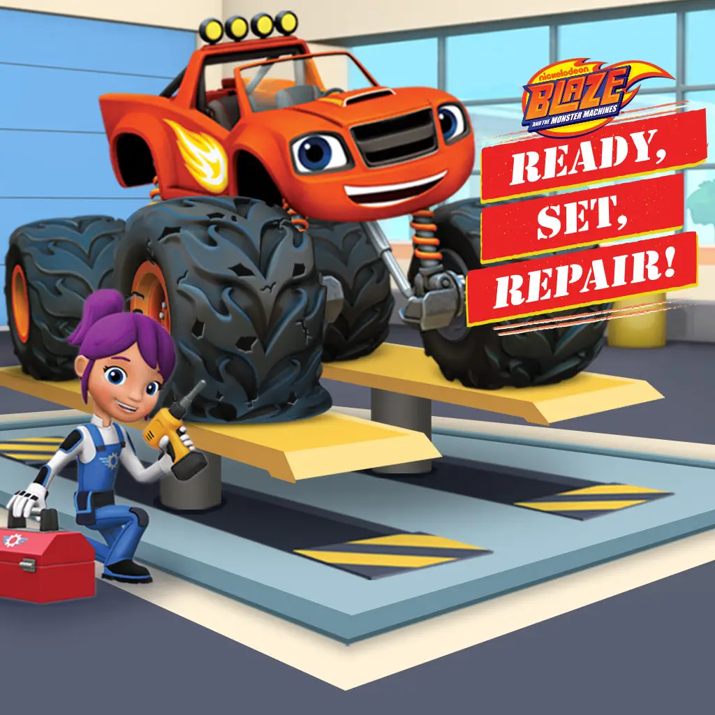 Blaze and Gabby posing in a game thumbnail for Ready, Set, Repair.