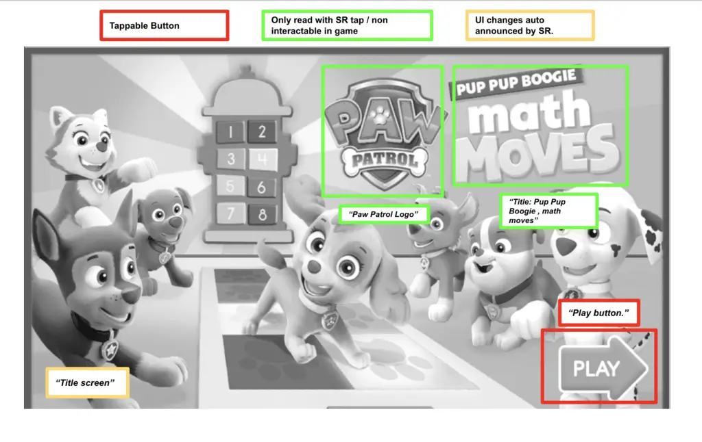 Image displaying layout of screen reader elements for Pup Pup Boogie.