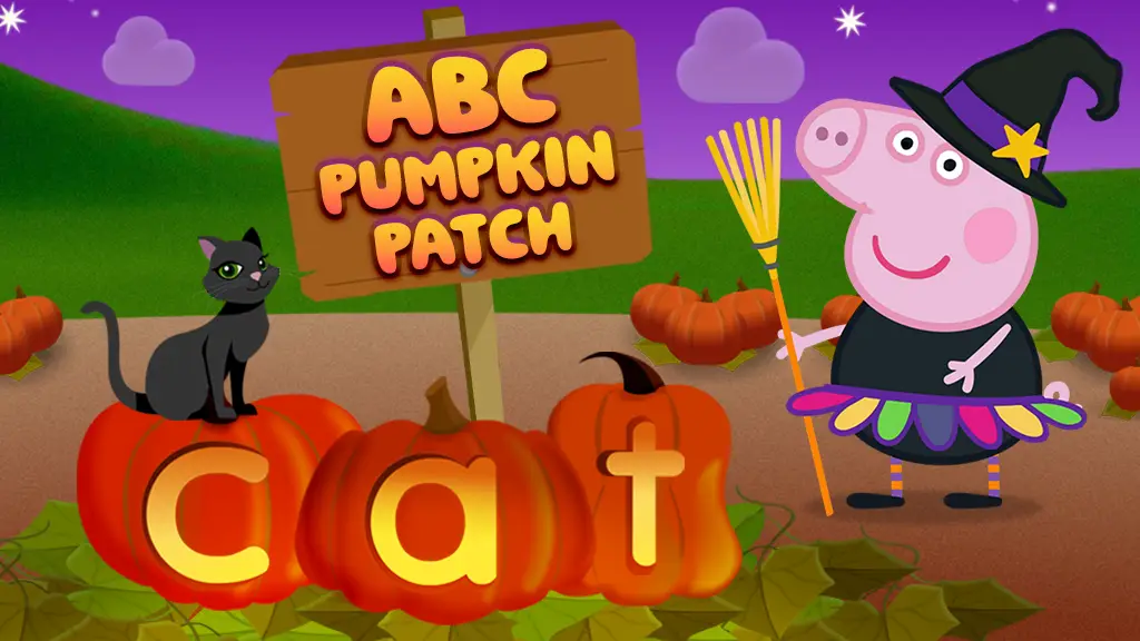 Cartoon character Peppa Pig stands in front of 3 pumpkins that spell the word Cat.