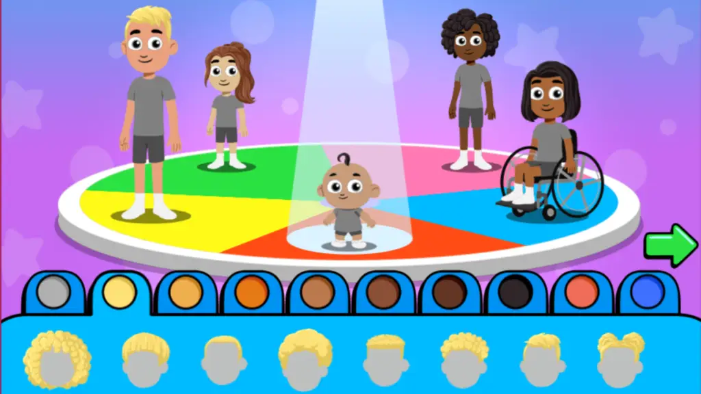 Cartoon family characters standing on a wheel, with a menu of hairstyle options below.