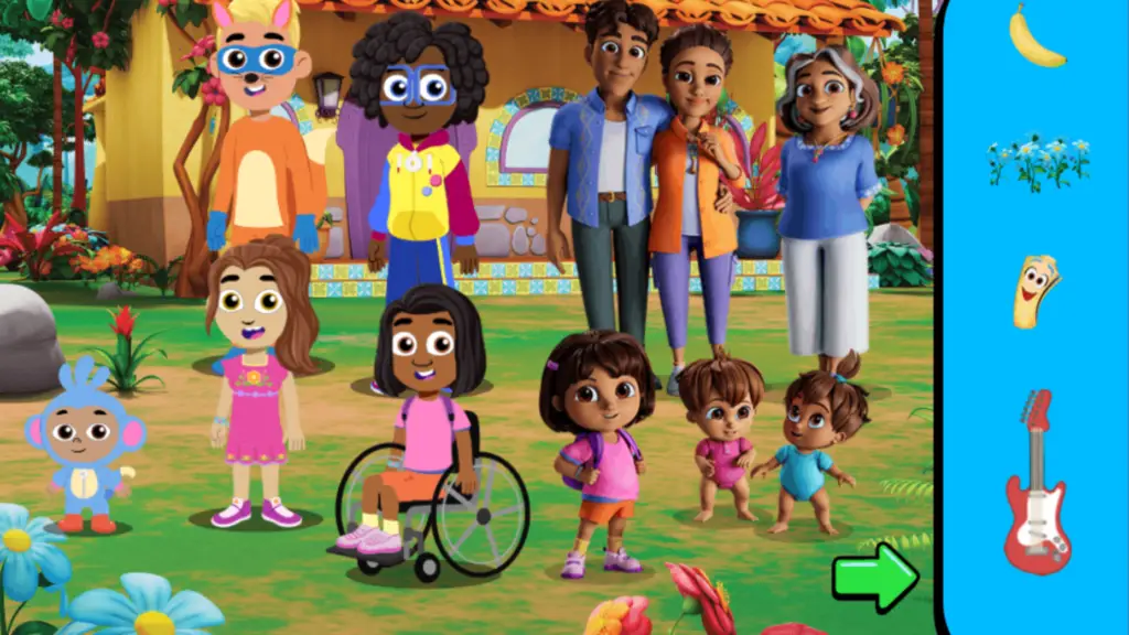 Cartoon family members standing with cartoon Dora the Explorer characters, with a menu of stickers to the right.